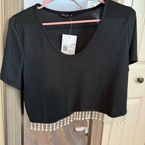 Black Beaded Hem Crop Top